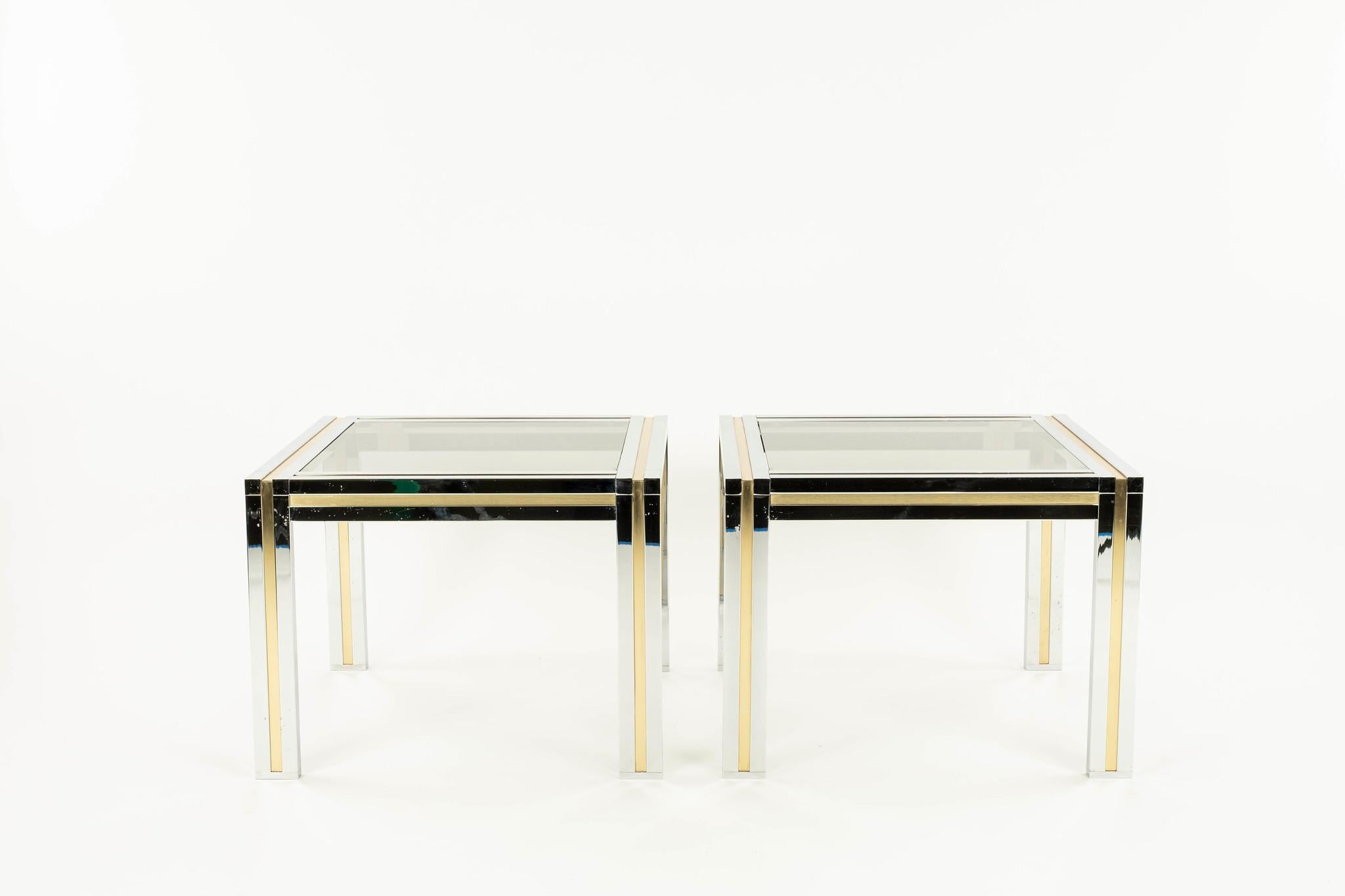 Pair Brass Chrome and Glass Side Tables in the style of Willy Rizzo For Sale 1
