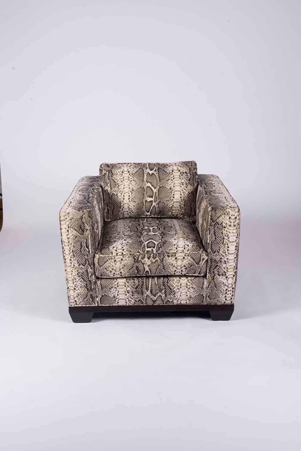 A vintage pair of boxy Baker club chairs newly upholstered in Kravet Couture 