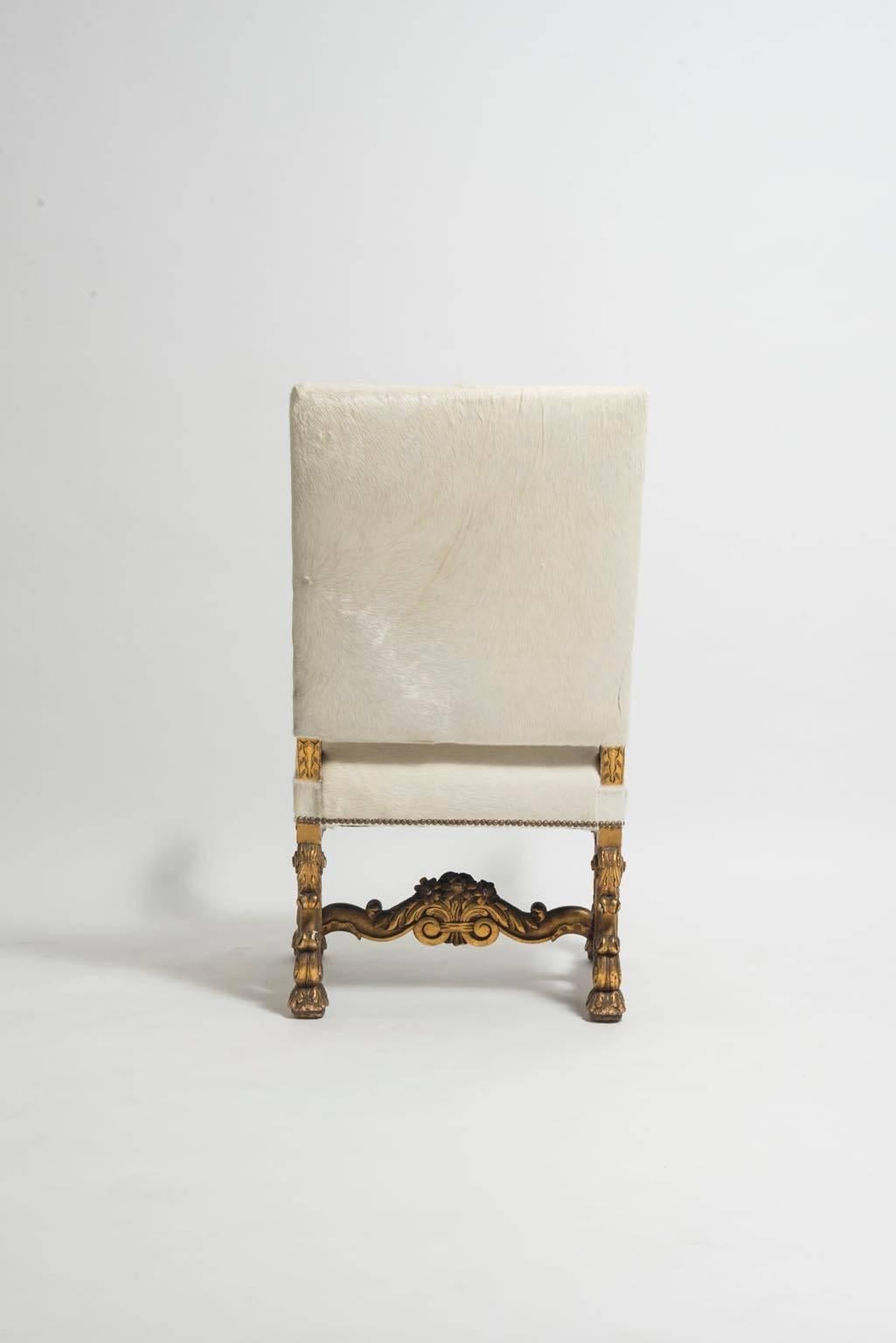 Italian Pair of 19th Century Louis XIV Style Giltwood White Hair Hide Fauteuils