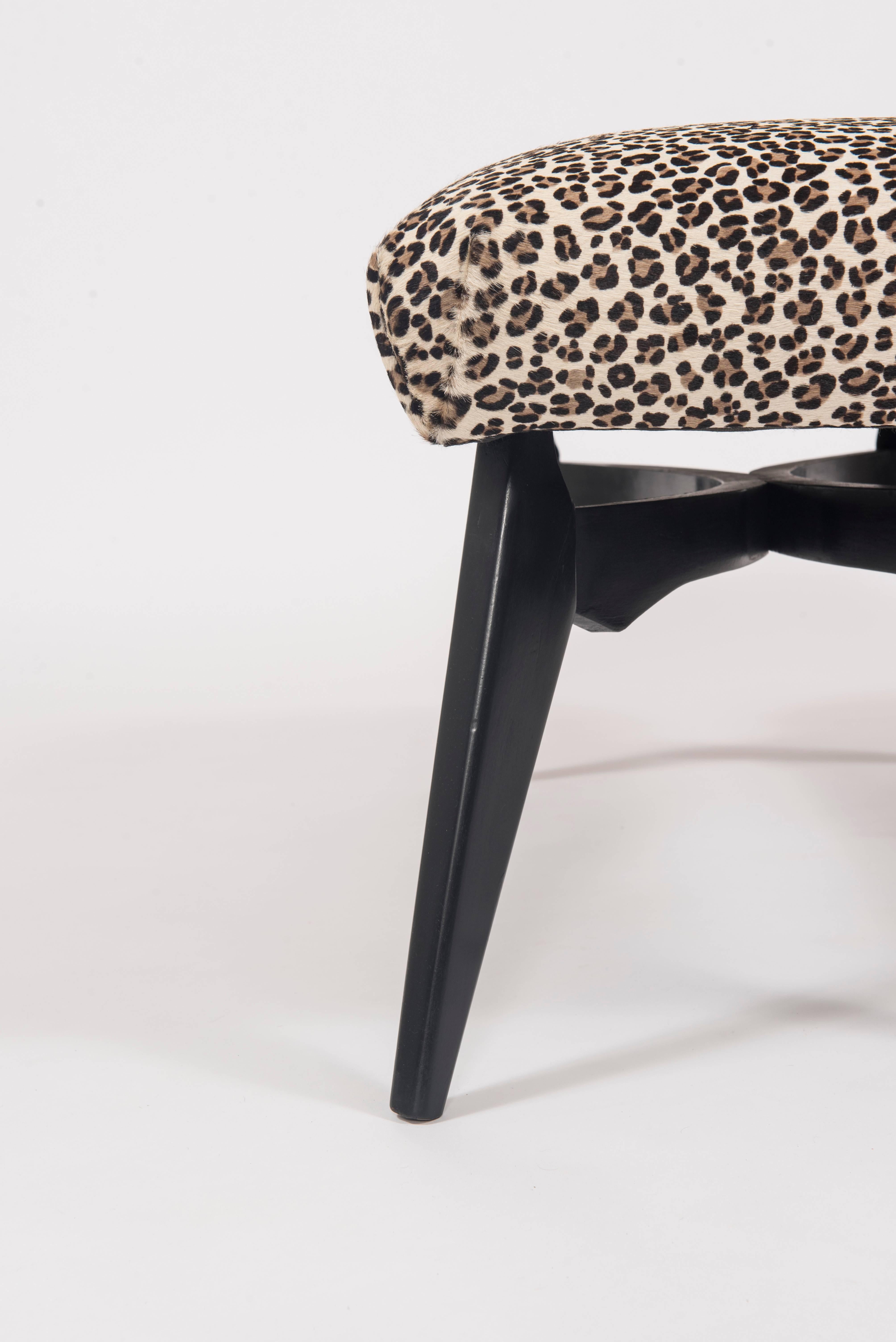 Mid-Century Modern Italian Gio Ponti Inspired Bench Upholstered in Leopard Print Hair Hide