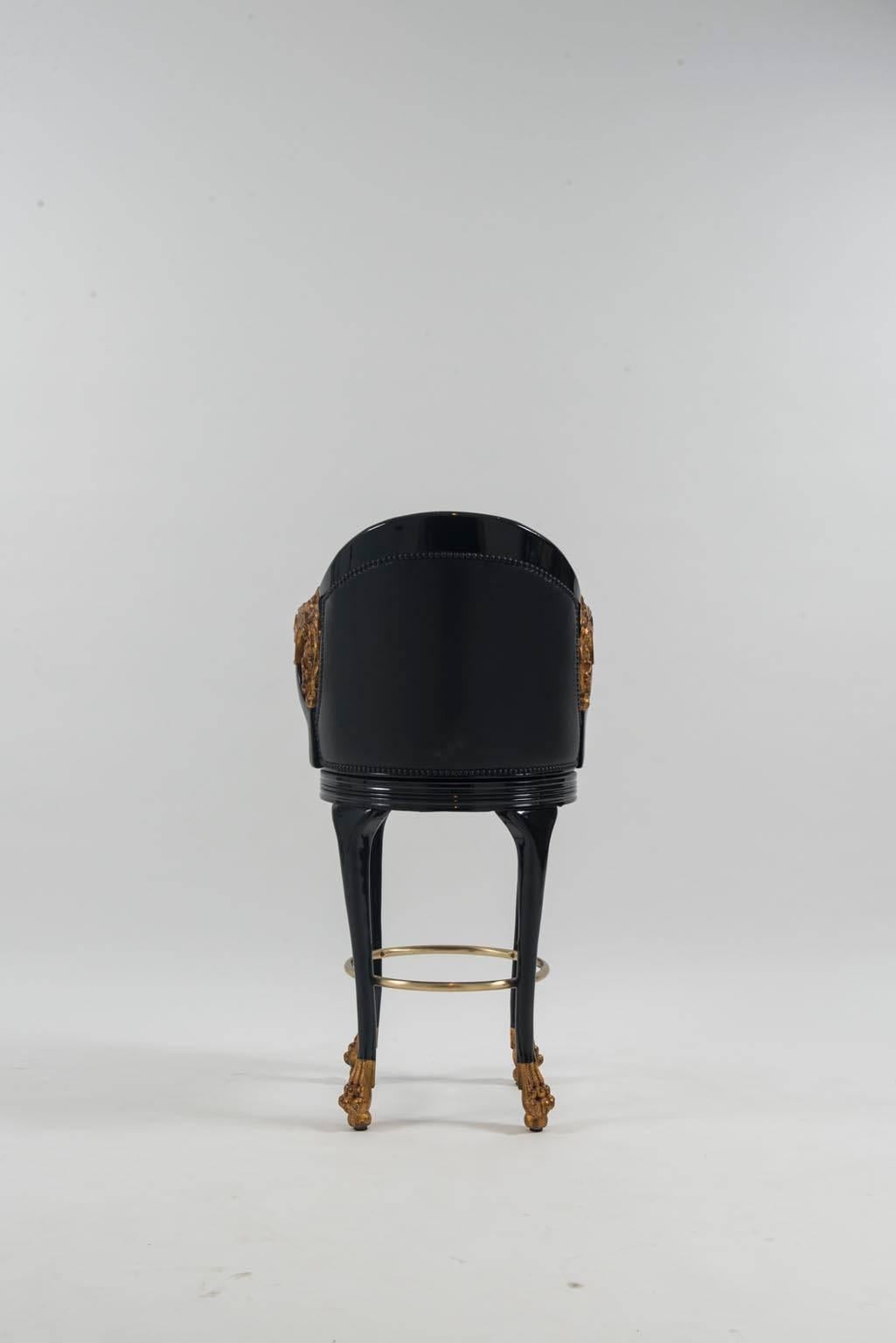 Carved Set of Three Black Lacquered Empire Style Leather Barstools