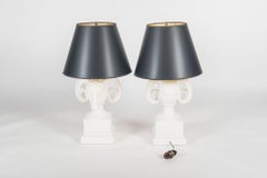 Pair of Hollywood Regency White Ram's Head Lamps