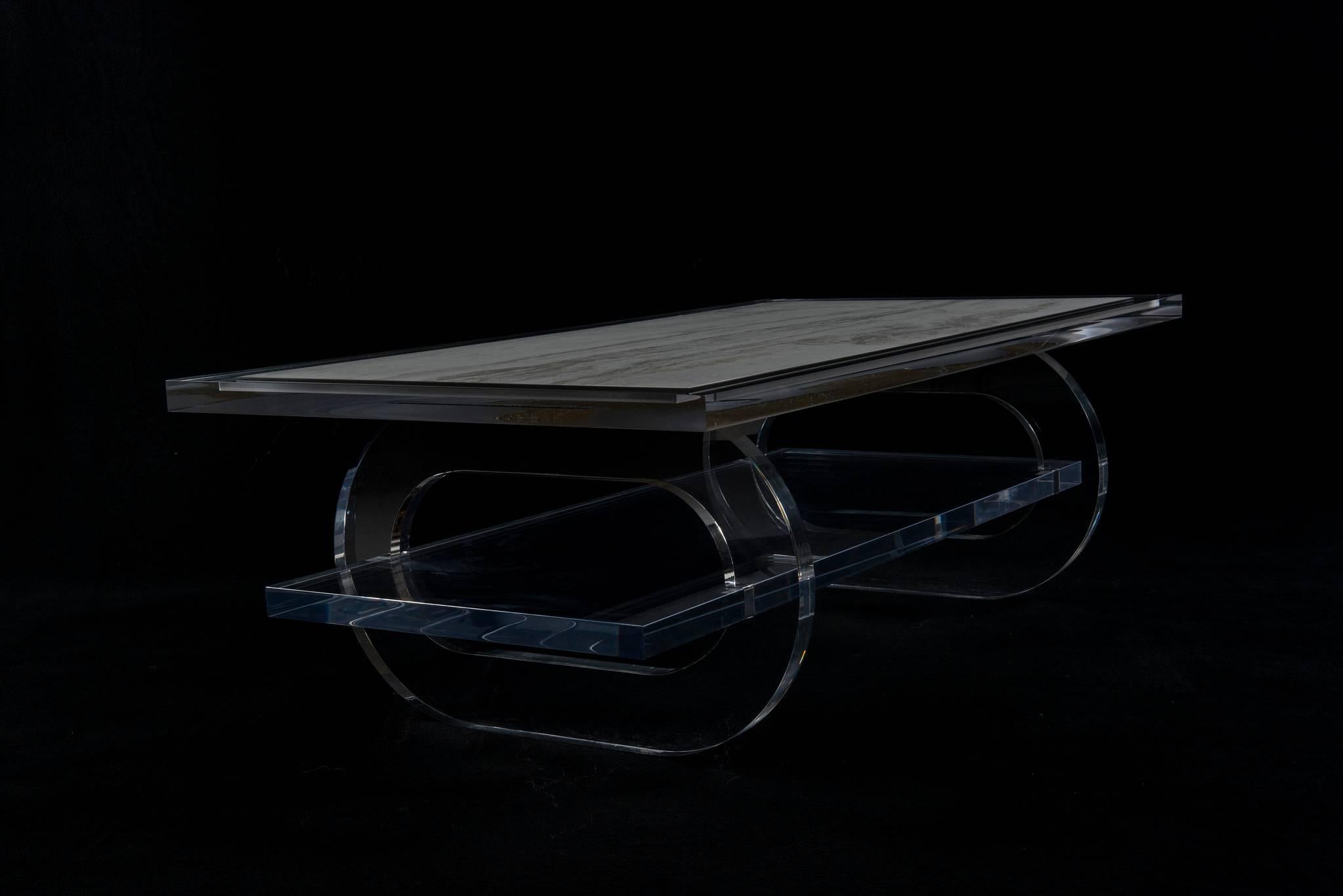 American Two-Tiered Lucite Cocktail Table with Marble Inset Top