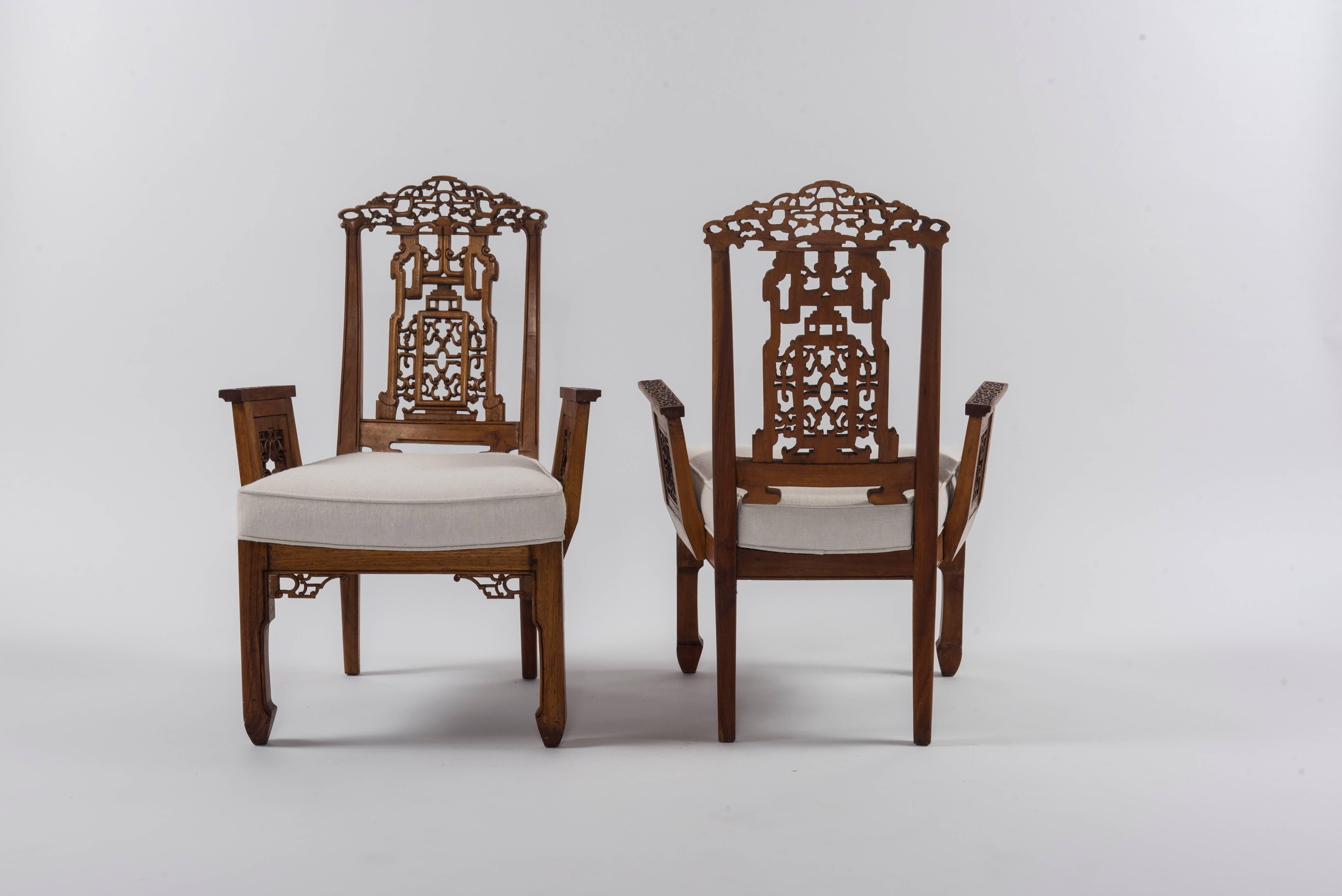 Hand-Carved Diminutive Pair of Carved Chinese Armchairs