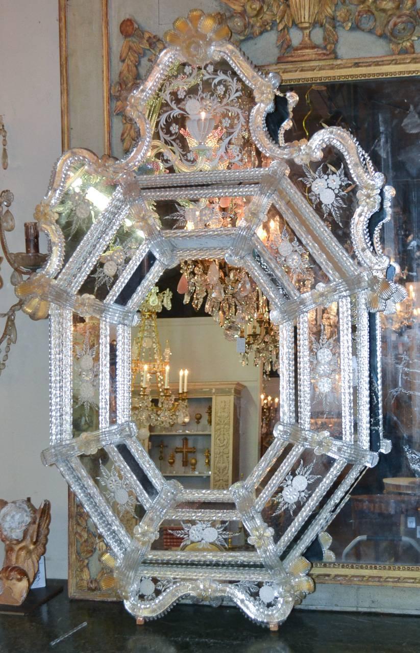 Blown Glass Sensational Antique Venetian Etched Glass Mirror
