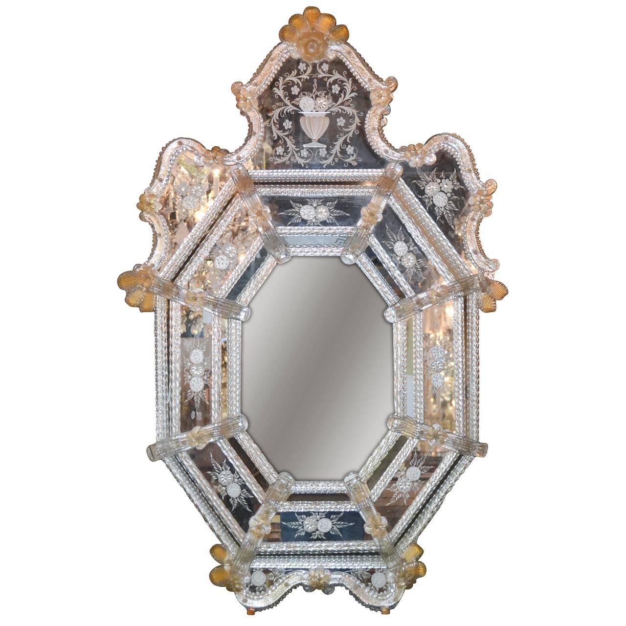 Sensational Antique Venetian Etched Glass Mirror