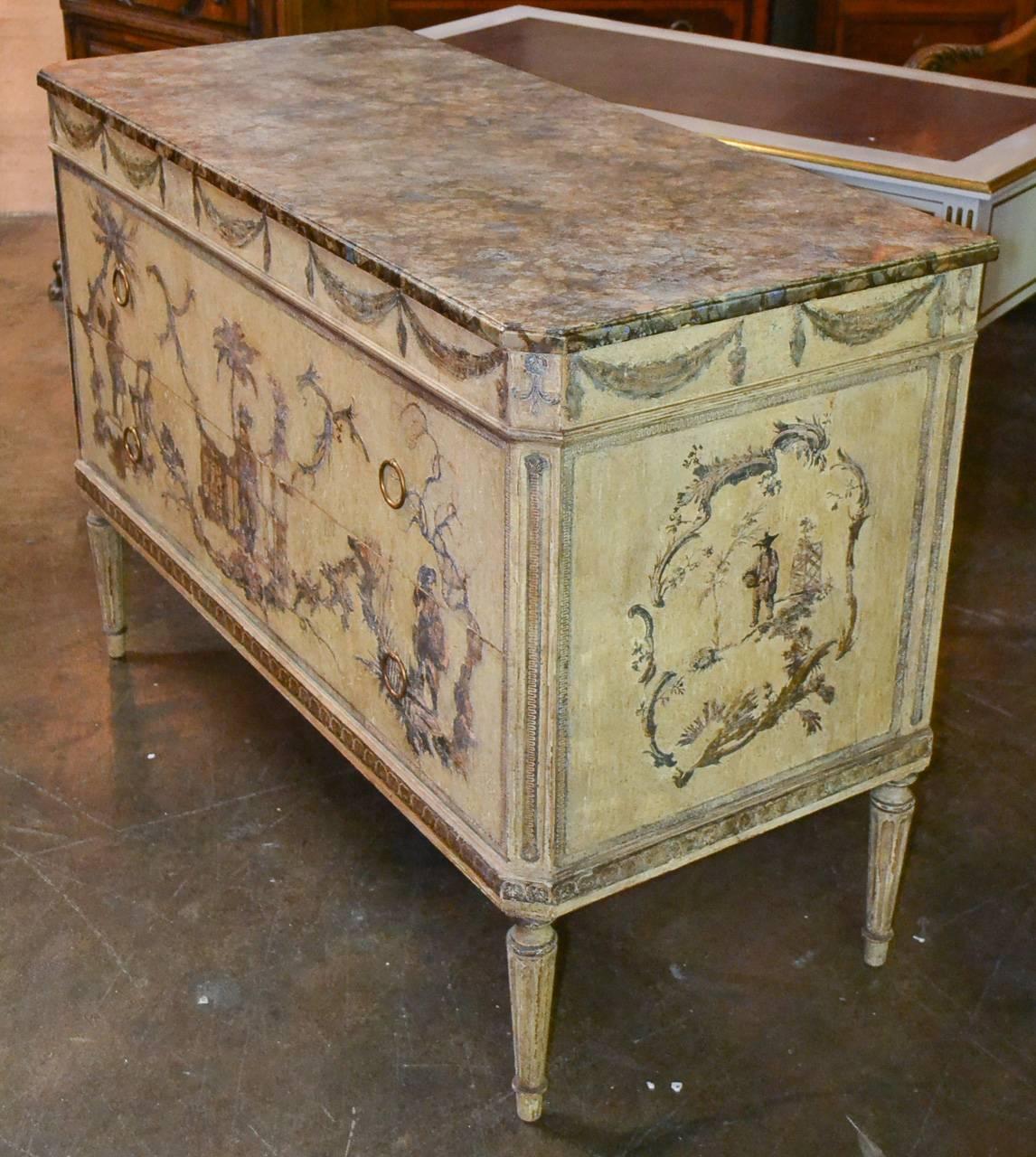 Wood Italian Louis XVI Painted and Decoupage Commode