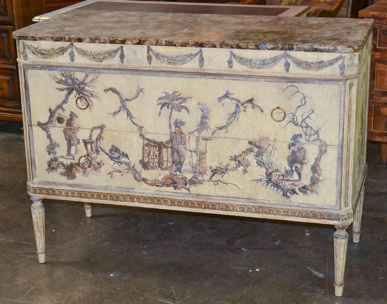 Italian Louis XVI Painted and Decoupage Commode In Good Condition In Dallas, TX