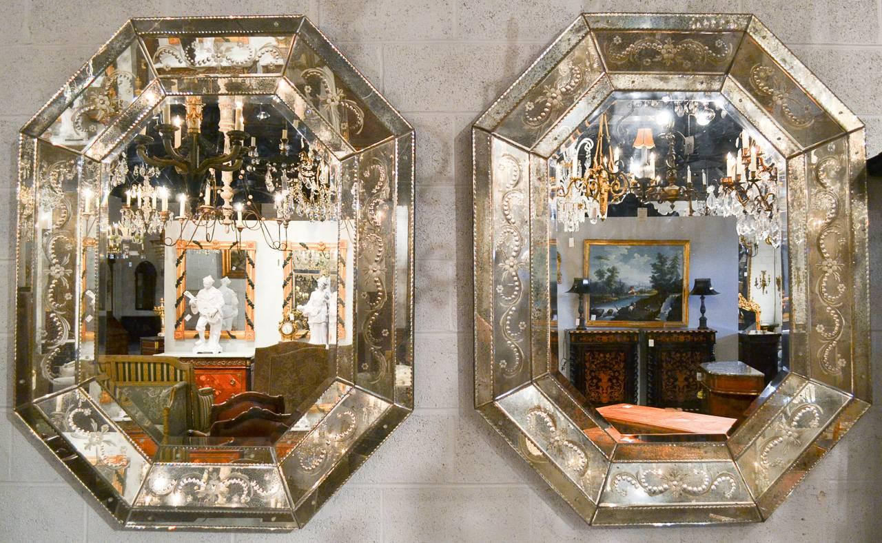 Etched Excellent Pair of Venetian Octagonal Mirrors