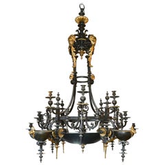 French Black Iron and Gilt Bronze 20 Light Chandelier