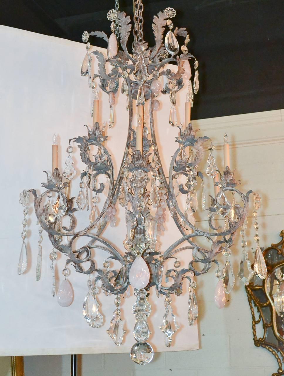 Custom Iron and Rock Crystal Chandelier In Good Condition In Dallas, TX