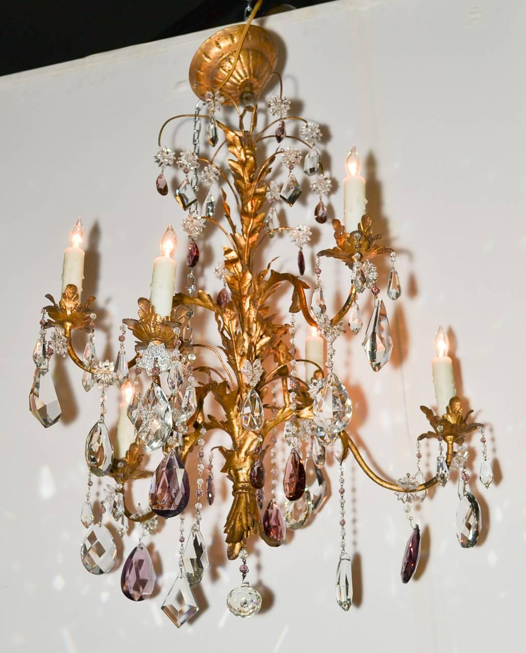 Gilt Excellent Pair of Tole and Crystal Chandeliers