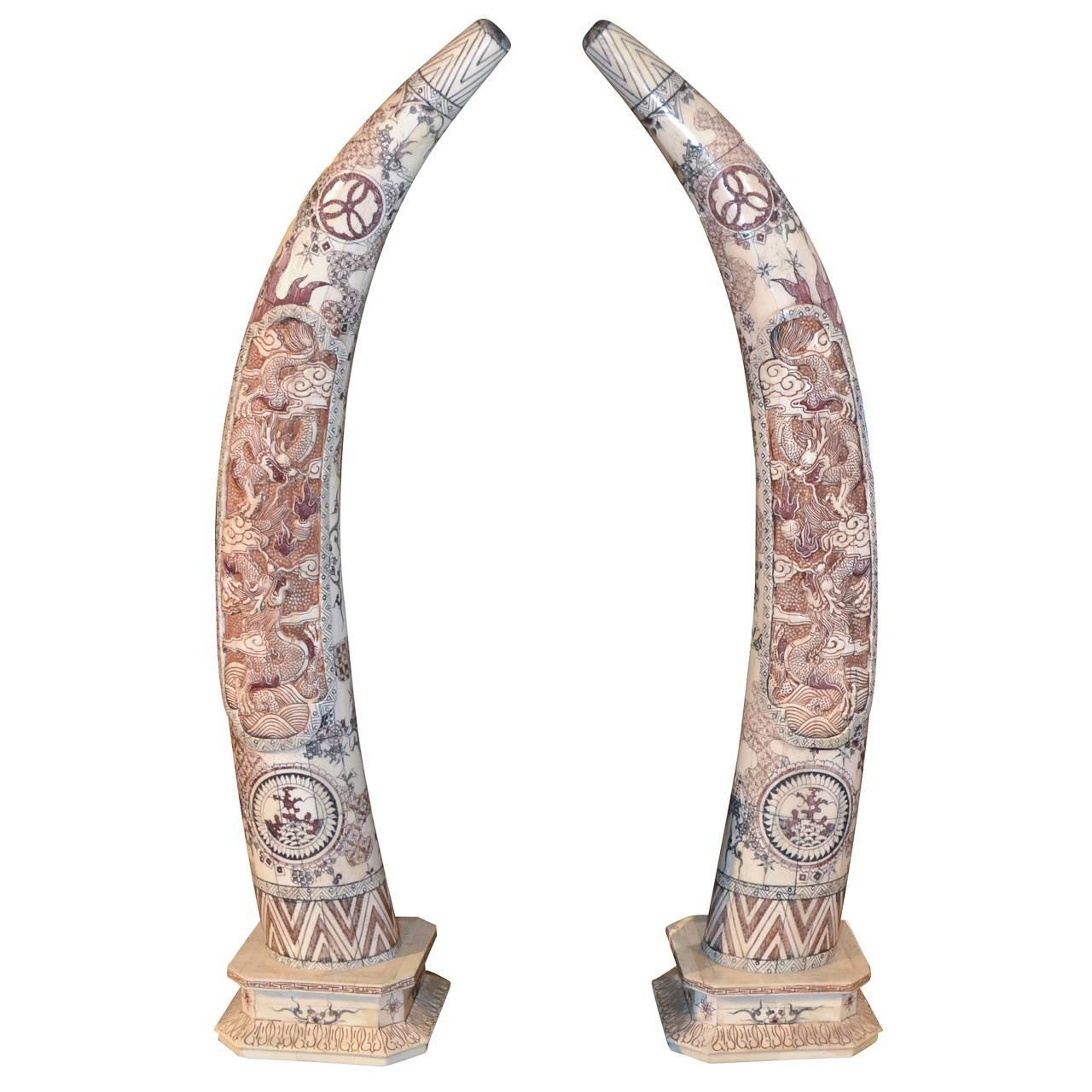 Large Pair of Vintage Chinese Bone Tusks