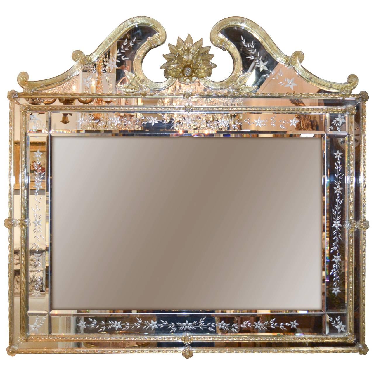 Venetian Amber Glass Etched Mirror