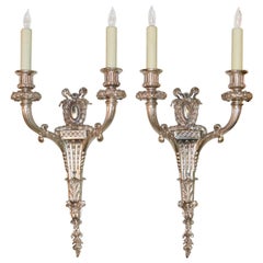 Antique Good Pair of French Classical Silver over Bronze Two-Light Sconces