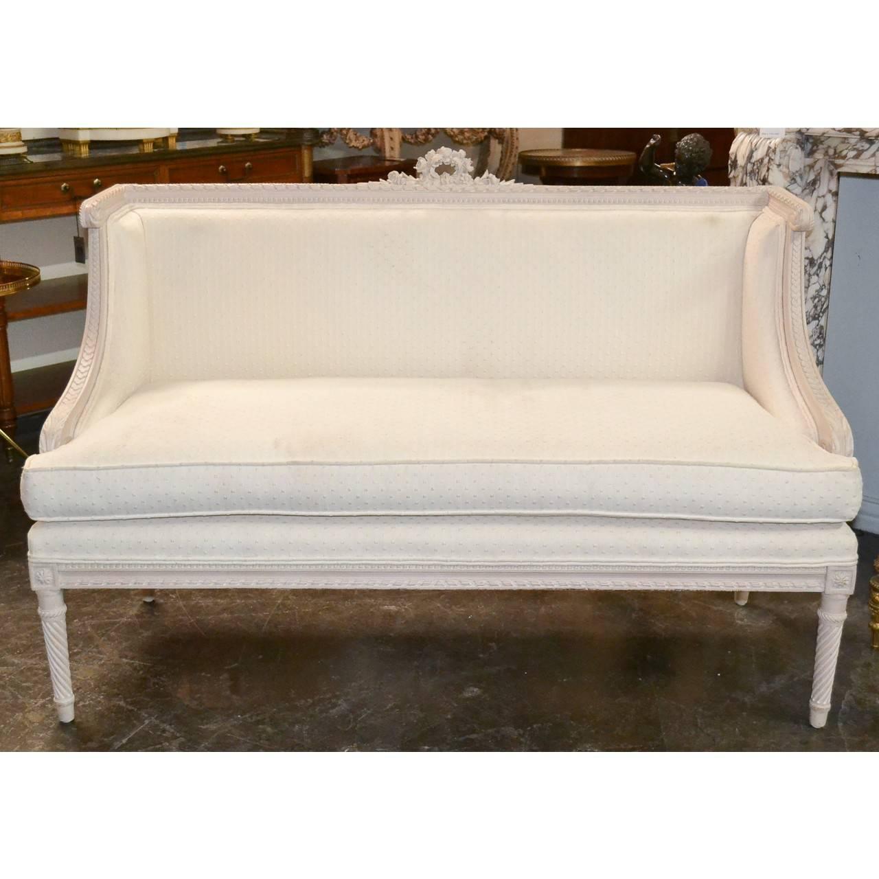 French Louis XVI Style Carved and Painted White Settee 1
