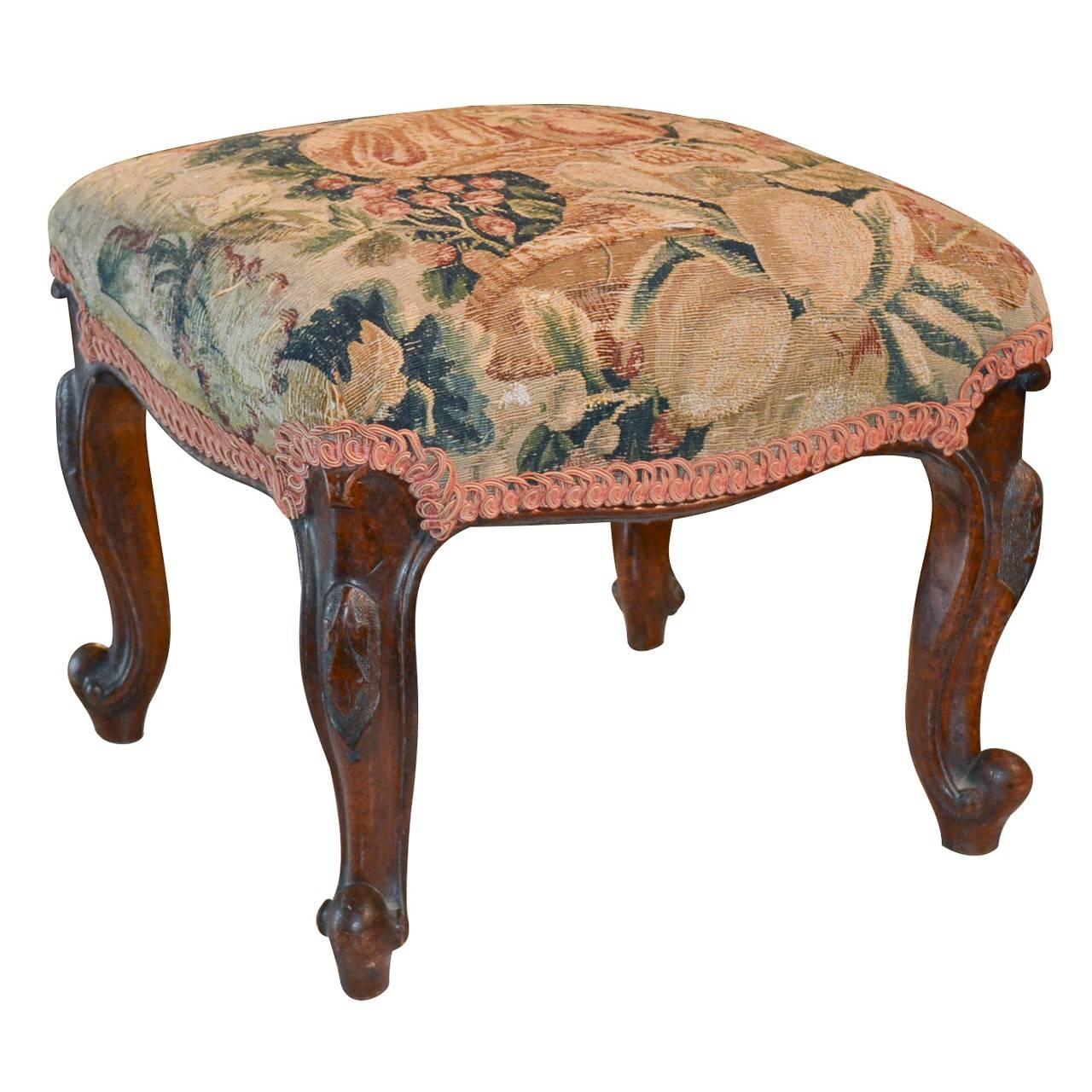 19th Century Continental Carved Stool with Aubusson