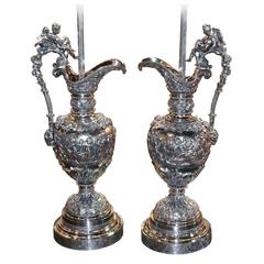 Antique French Pair of 19th Century Silver Chrome Ewers Mounted as Lamps