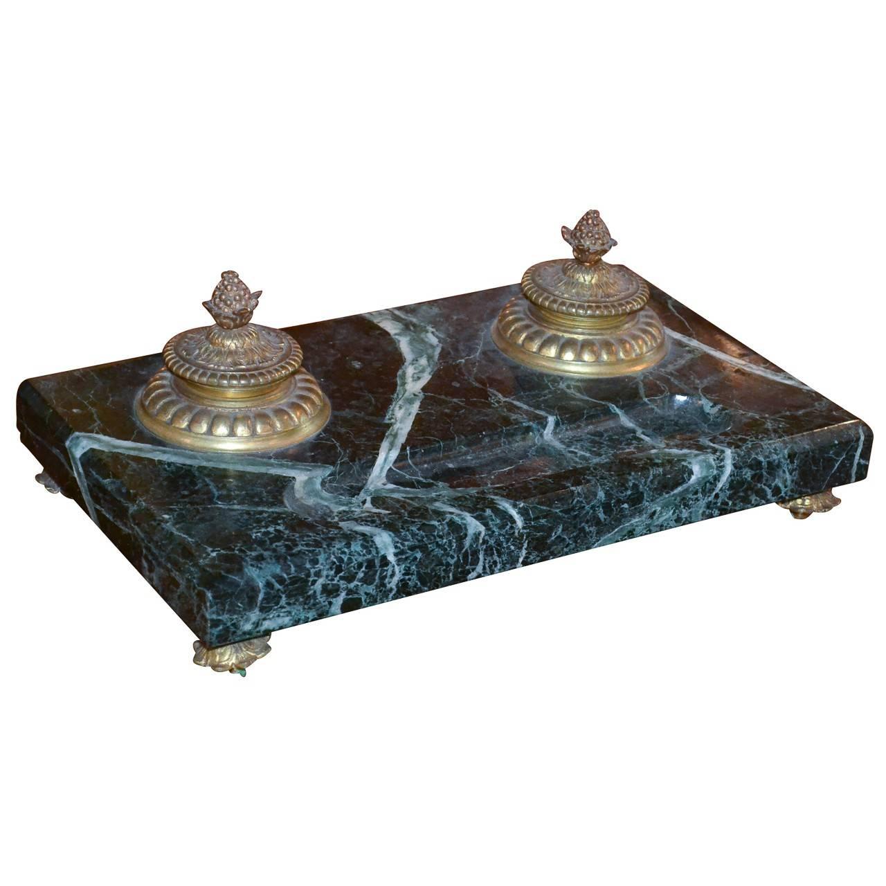 19th Century French Verde Marble and Bronze Inkwell