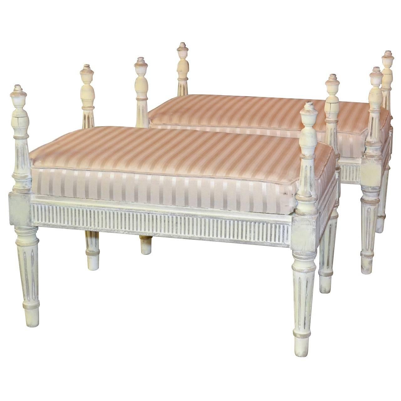 Louis XVI Style Pair of Carved and Painted French Benches