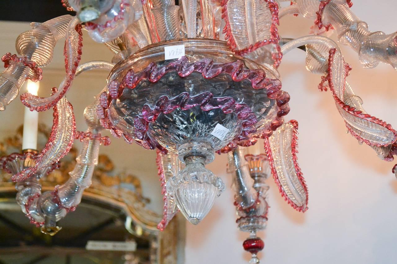 Lovely Cranberry Glass Venetian Chandelier In Good Condition In Dallas, TX