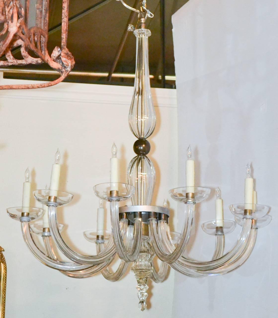 French Mid-Century Heavy Glass Chandelier In Good Condition In Dallas, TX