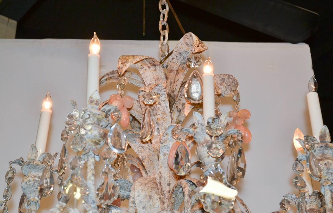 Patinated Custom French Iron and Rose Quartz Chandelier