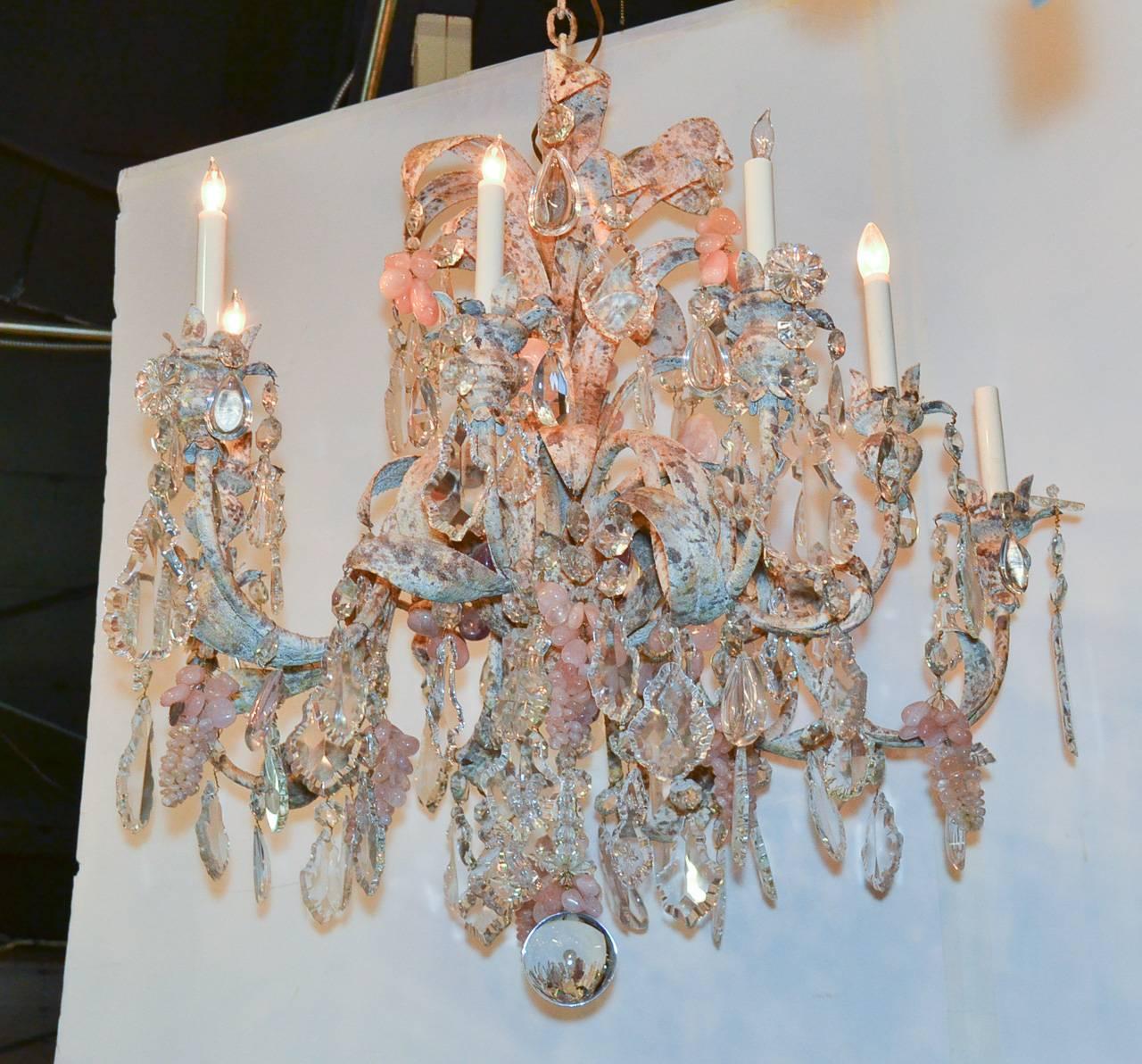 Custom French Iron and Rose Quartz Chandelier In Good Condition In Dallas, TX