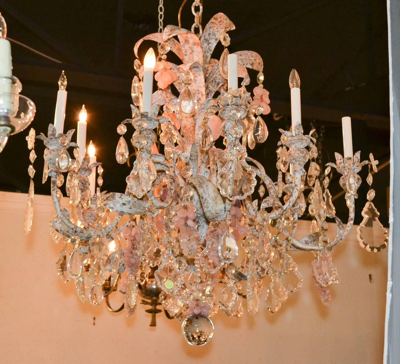 Crystal Custom French Iron and Rose Quartz Chandelier