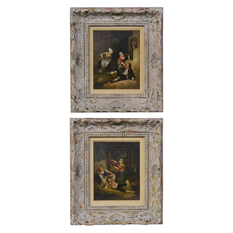 Pair of 19th Century English Framed Oil on Panel Paintings For Sale