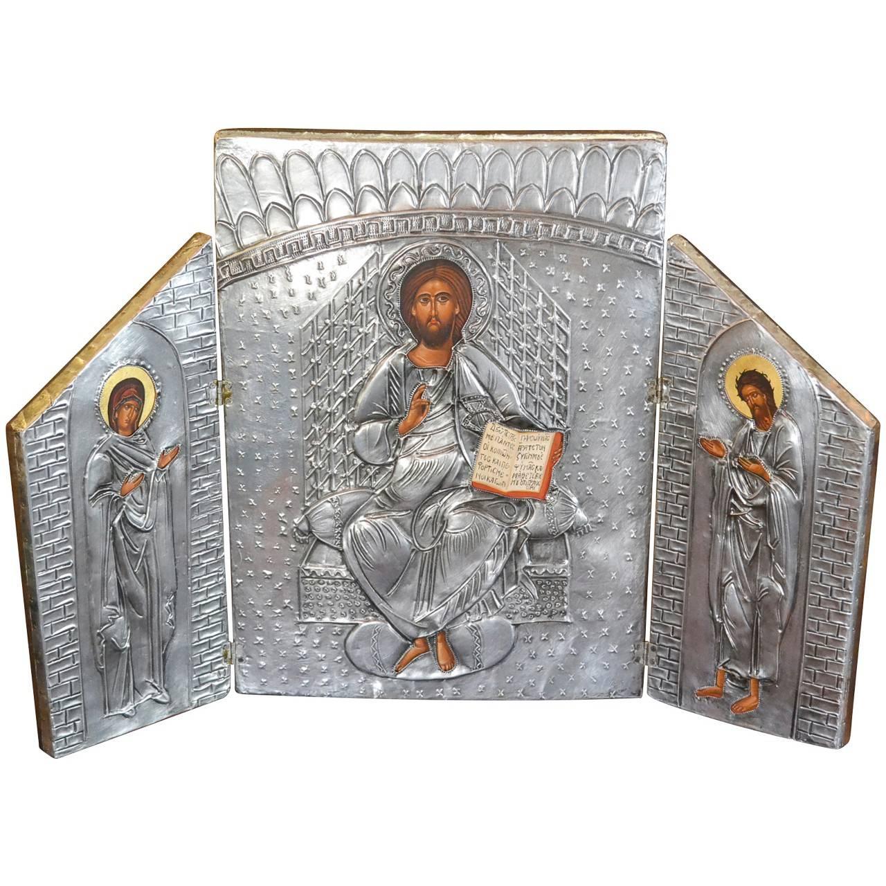 Byzantine Style Greek Eastern Orthodox Handmade Signed Triptych Icon