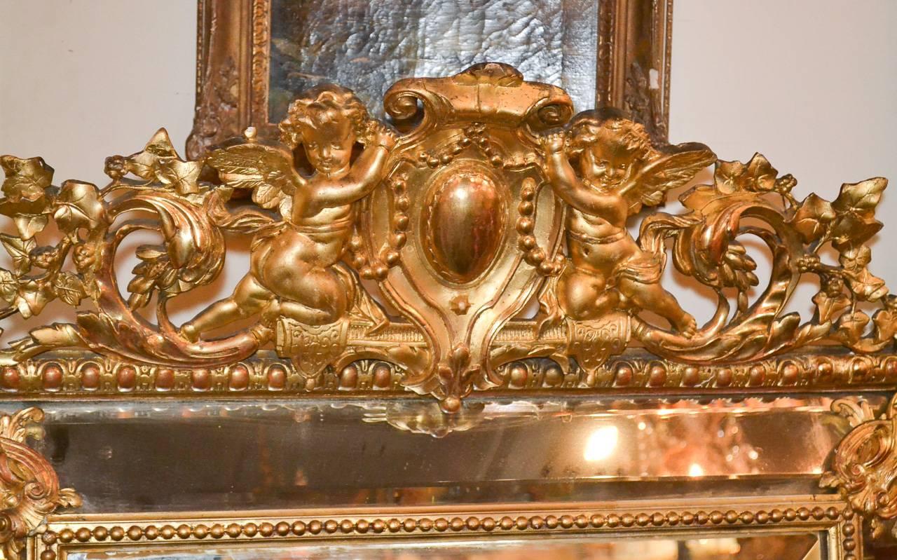 Splendid 19th century, French, Louis XV giltwood cushion mirror. Having wonderfully carved cartouche with winged putti, carved acanthus leaf accents and beveled mirrored glass. Please view all pictures to enjoy, serious inquiries are welcome!