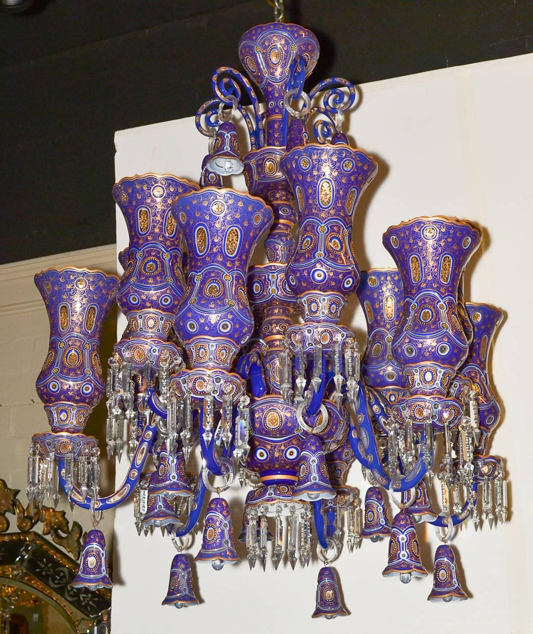 Early 20th Century Fine Pair of Austrian Painted and Enameled Glass Chandeliers