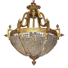 Antique French Gilded Bronze and Crystal Basket Chandelier, circa 1870