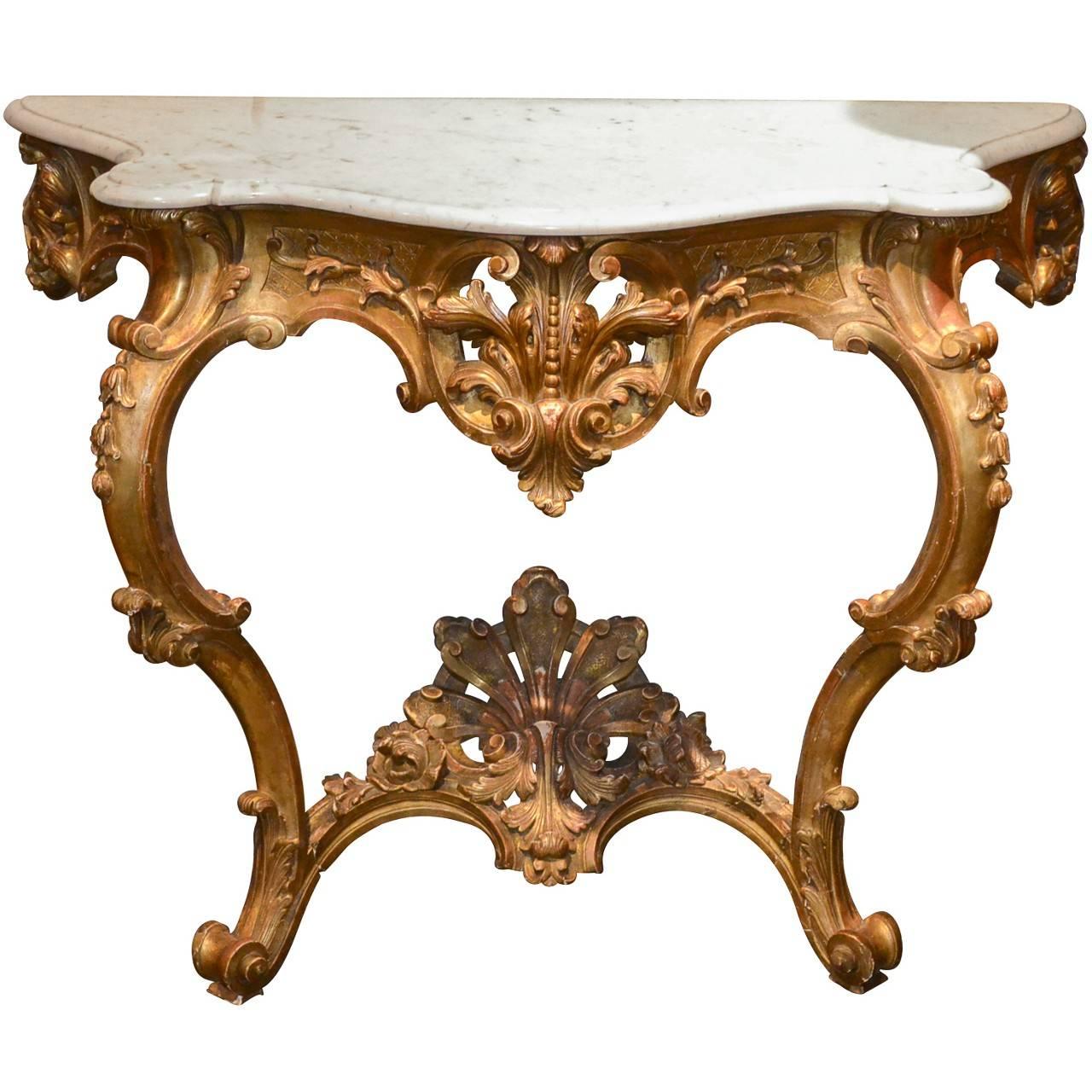 Antique French Carved Giltwood Console with Carrara Marble Top, circa 1860