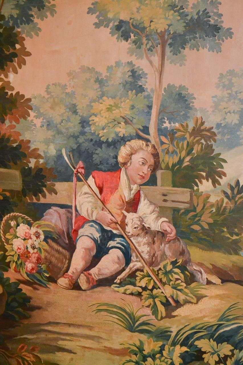 Outstanding large 19th century pair of French oil on canvas paintings with classical scenes. Having wonderful subjects of children in landscape settings, vibrant colorful palettes and of excellent size and proportion. Please view all pictures to