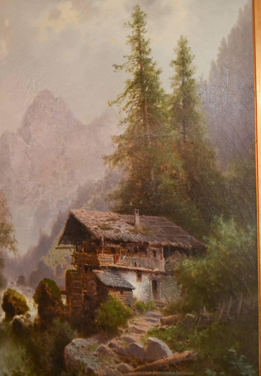 Fabulous 19th century Austrian oil on canvas signed Albert Rieger.  Having beautiful mountain scene with watermill, exceptional detail and colour, and a very fine carved giltwood frame.  Please view all pictures to enjoy, serious inquiries are