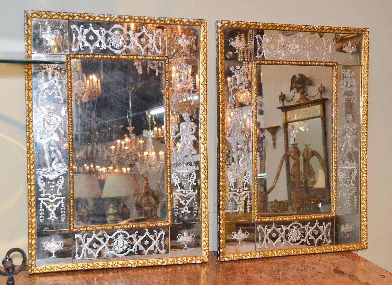 Pair of Venetian Etched Mirrors, circa 1925 2
