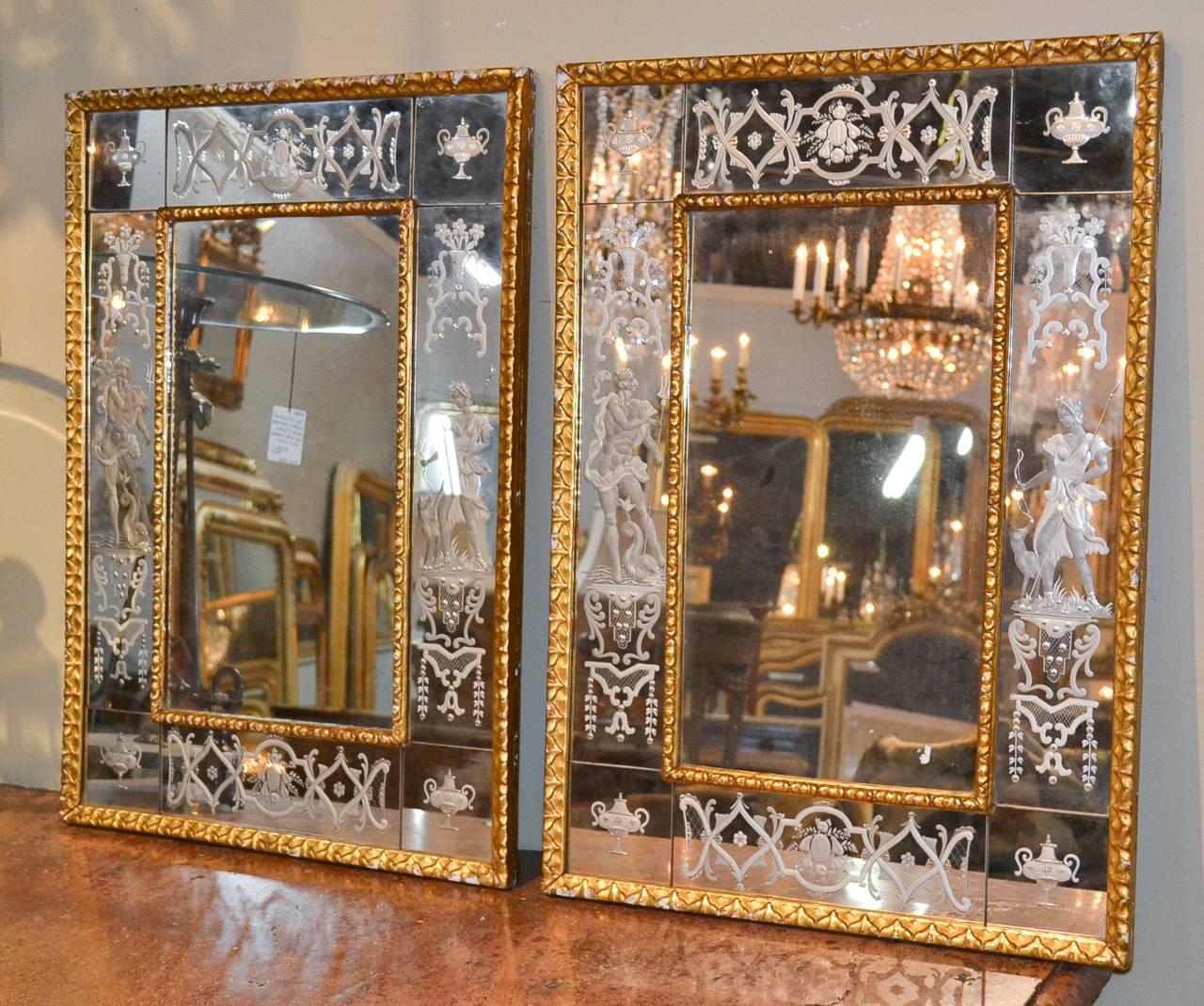 Pair of Venetian Etched Mirrors, circa 1925 In Good Condition In Dallas, TX