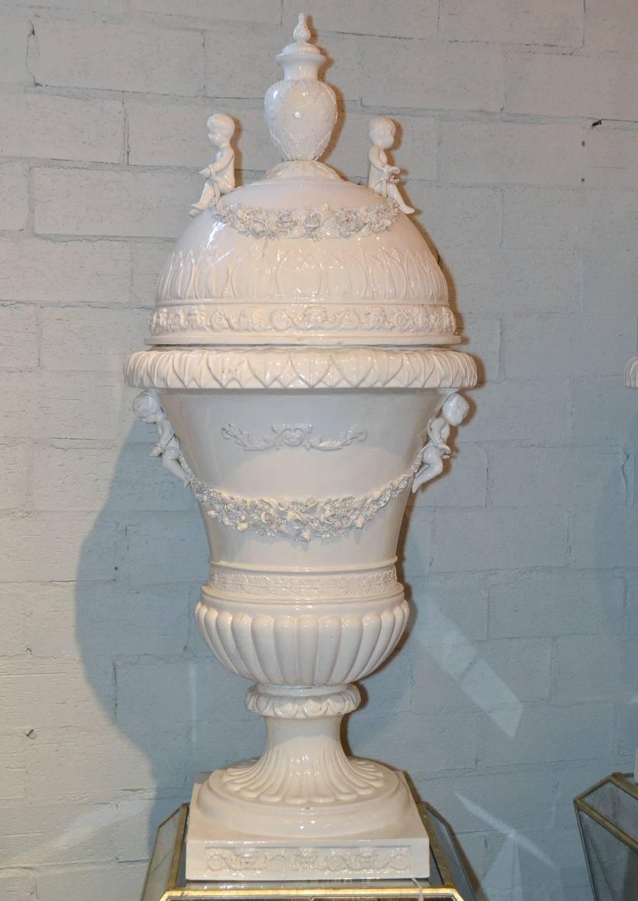 Great Pair of Italian Glazed Porcelain Capped Urns 4