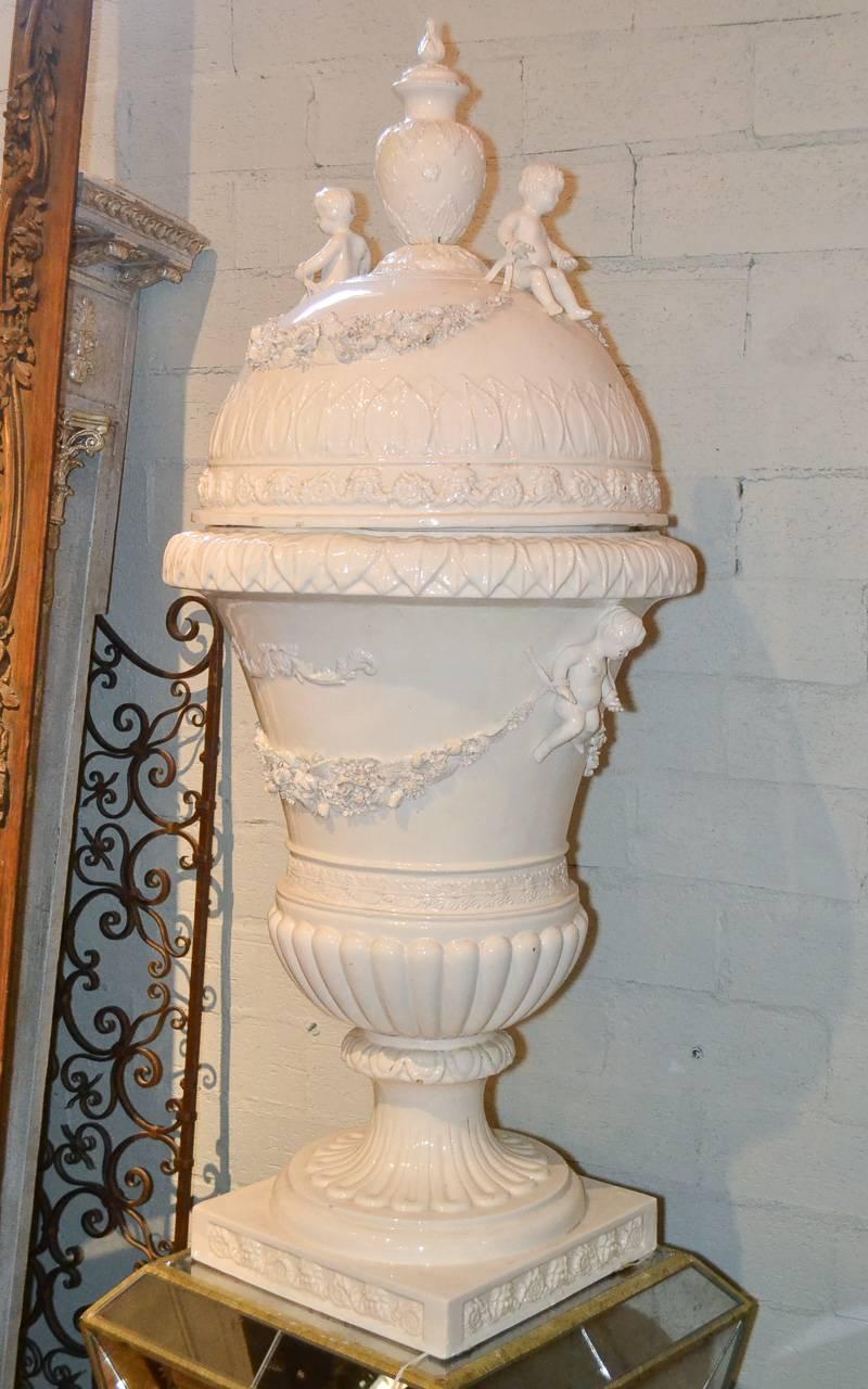 Great Pair of Italian Glazed Porcelain Capped Urns 3