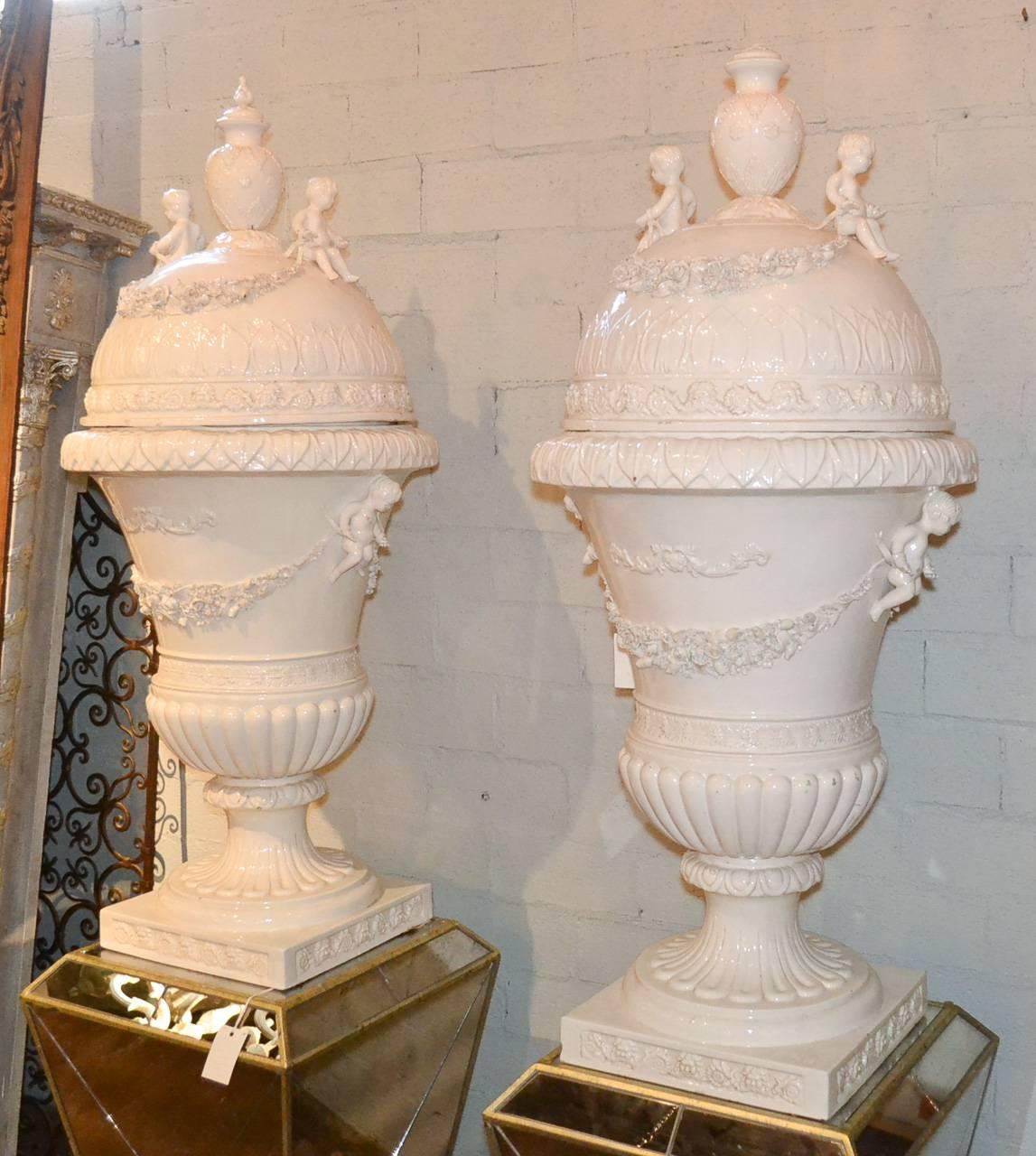 Great Pair of Italian Glazed Porcelain Capped Urns 6