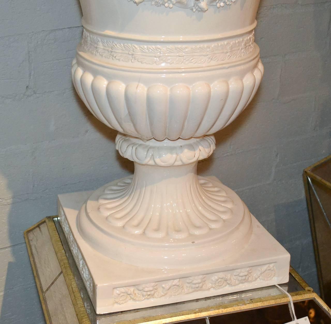 Great Pair of Italian Glazed Porcelain Capped Urns 2