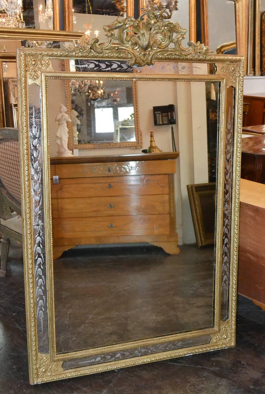 19th Century French Etched Glass Giltwood Mirror 1