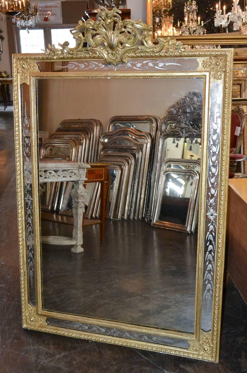 19th Century French Etched Glass Giltwood Mirror 3