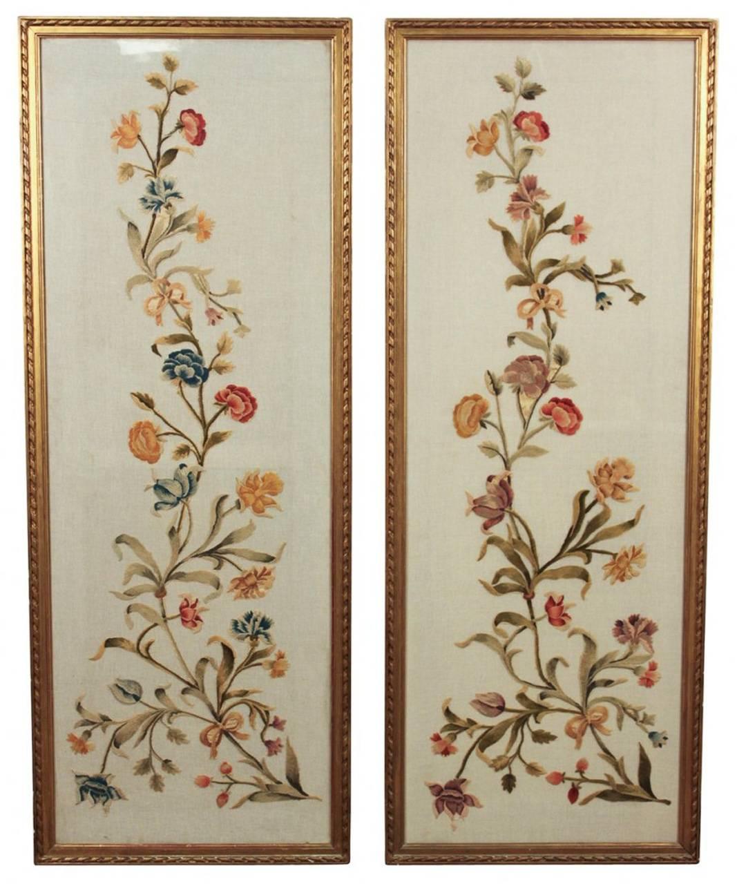French Superb Pair of Silk Embroidered Panels