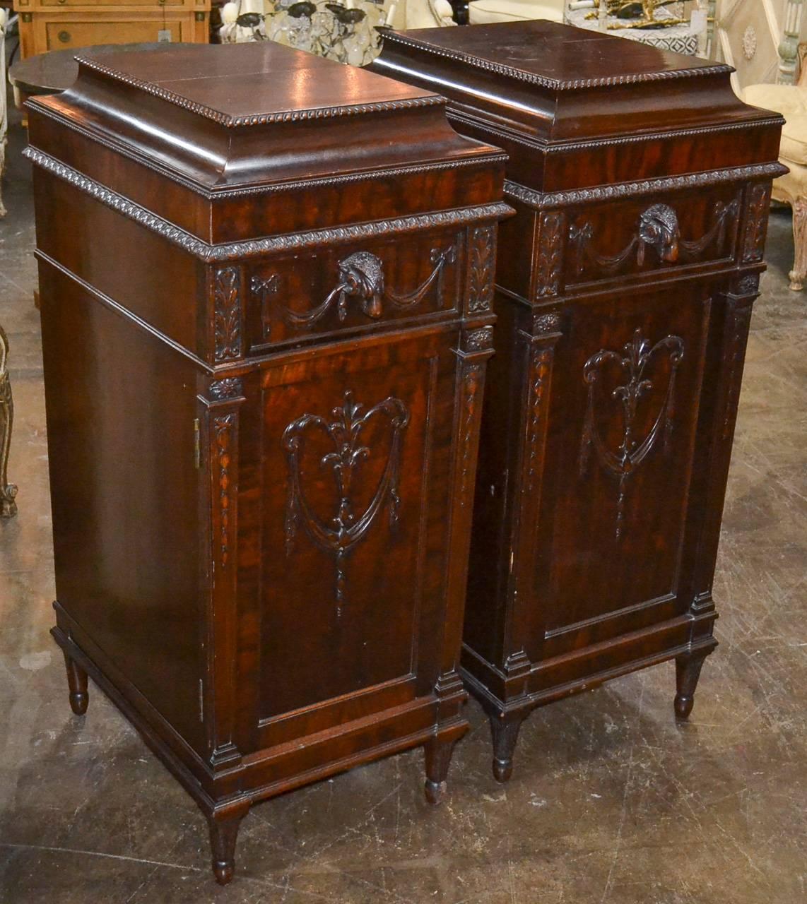 Carved Pair of English Adams Pedestal Side Cabinets