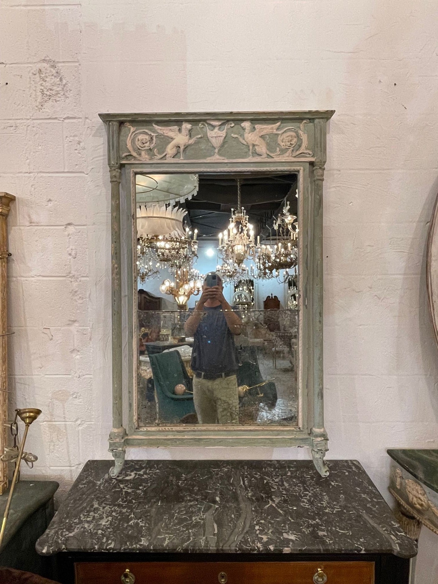 Very fine 18th century Italian neo-classical carved and painted mirror. Lovely patina and carvings on this piece. The mirror also has 2 panels of original glass. So pretty!!