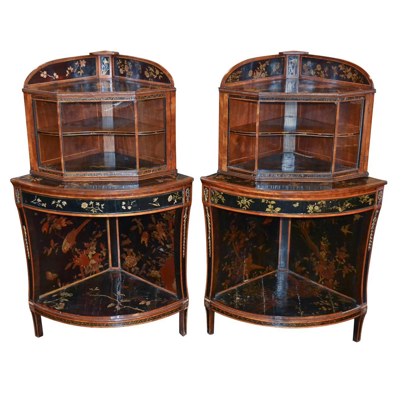 Rare Pair of 19th Century English Chinoiserie Corner Cabinets