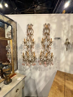 Pair of Italian Large Scale Beaded and Rose Quartz Sconces